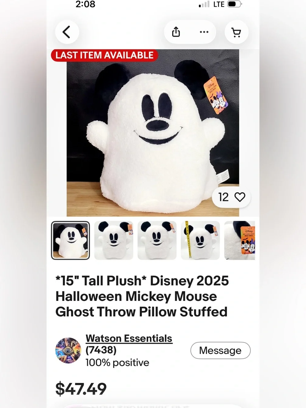 Disney Halloween Mickey Mouse Ghost Plush Pillow 15” NWT